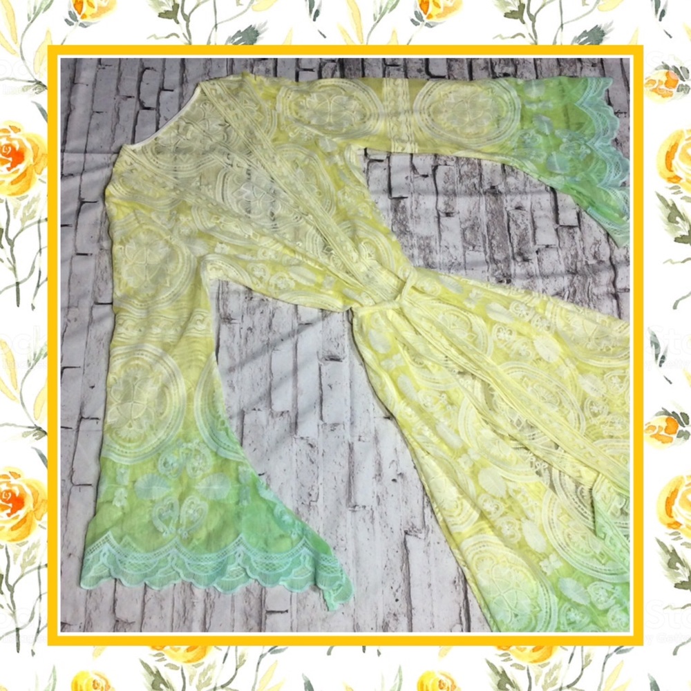 🌸 KIMONO ROBE CARDIGAN BELL SLEEVE OMBRE GREEN GYPSY BOHO CHIC BOHEMIAN FLARE - Picture 4 of 8
